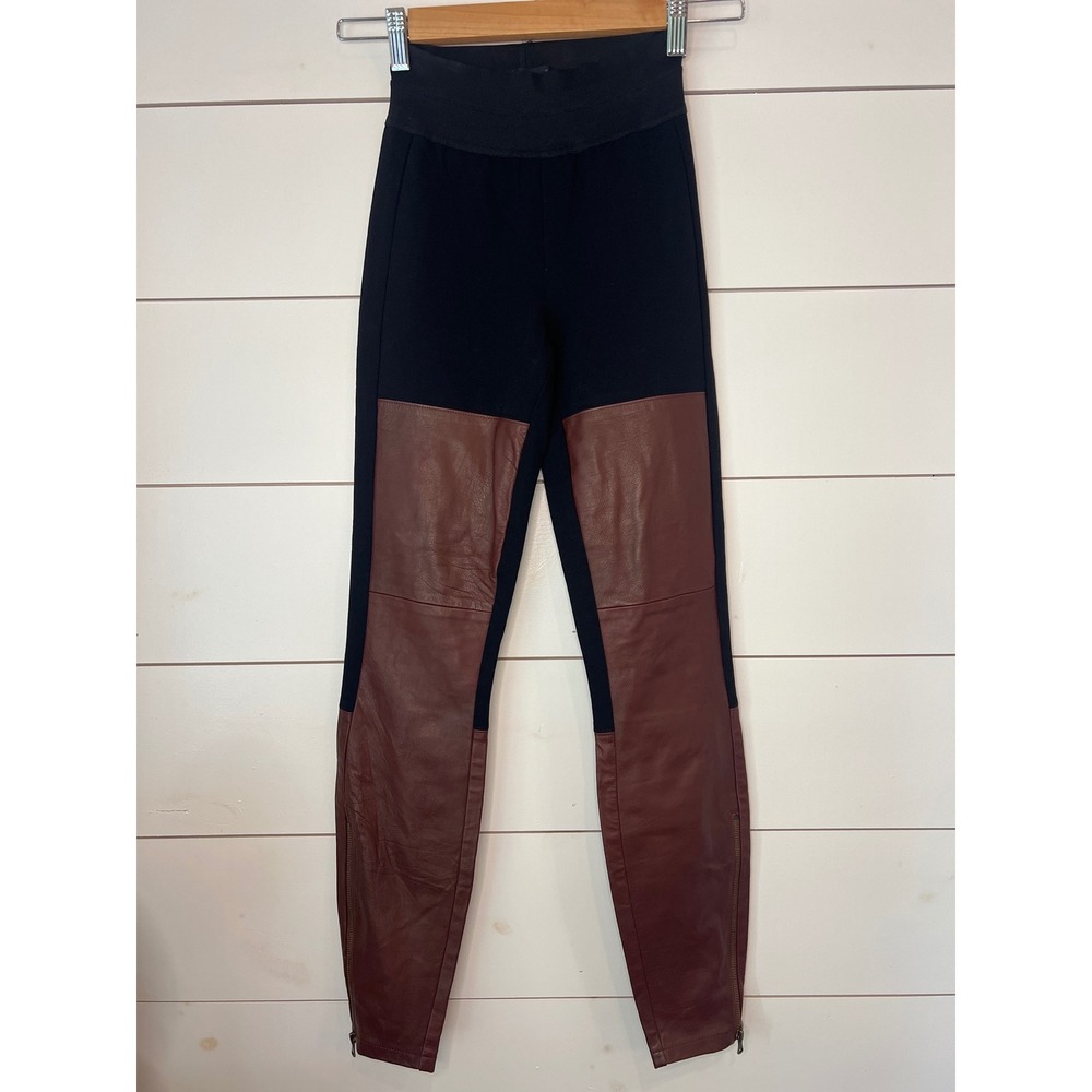 PAIGE Black Cognac Tan Genuine Leather Leggings equestrian quiet luxury XS